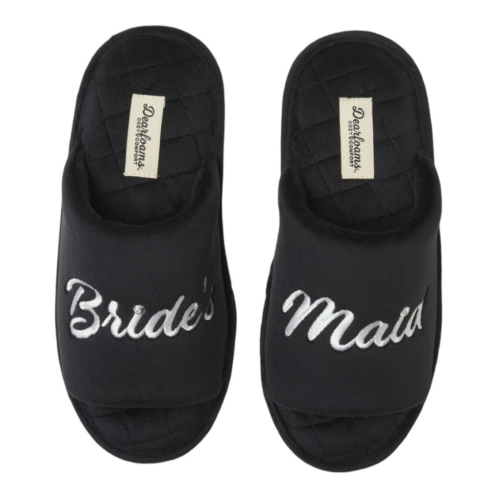 Dearfoams Memory Foam BridesMaid Embroidered Black Plush Slippers Women's M 7-8